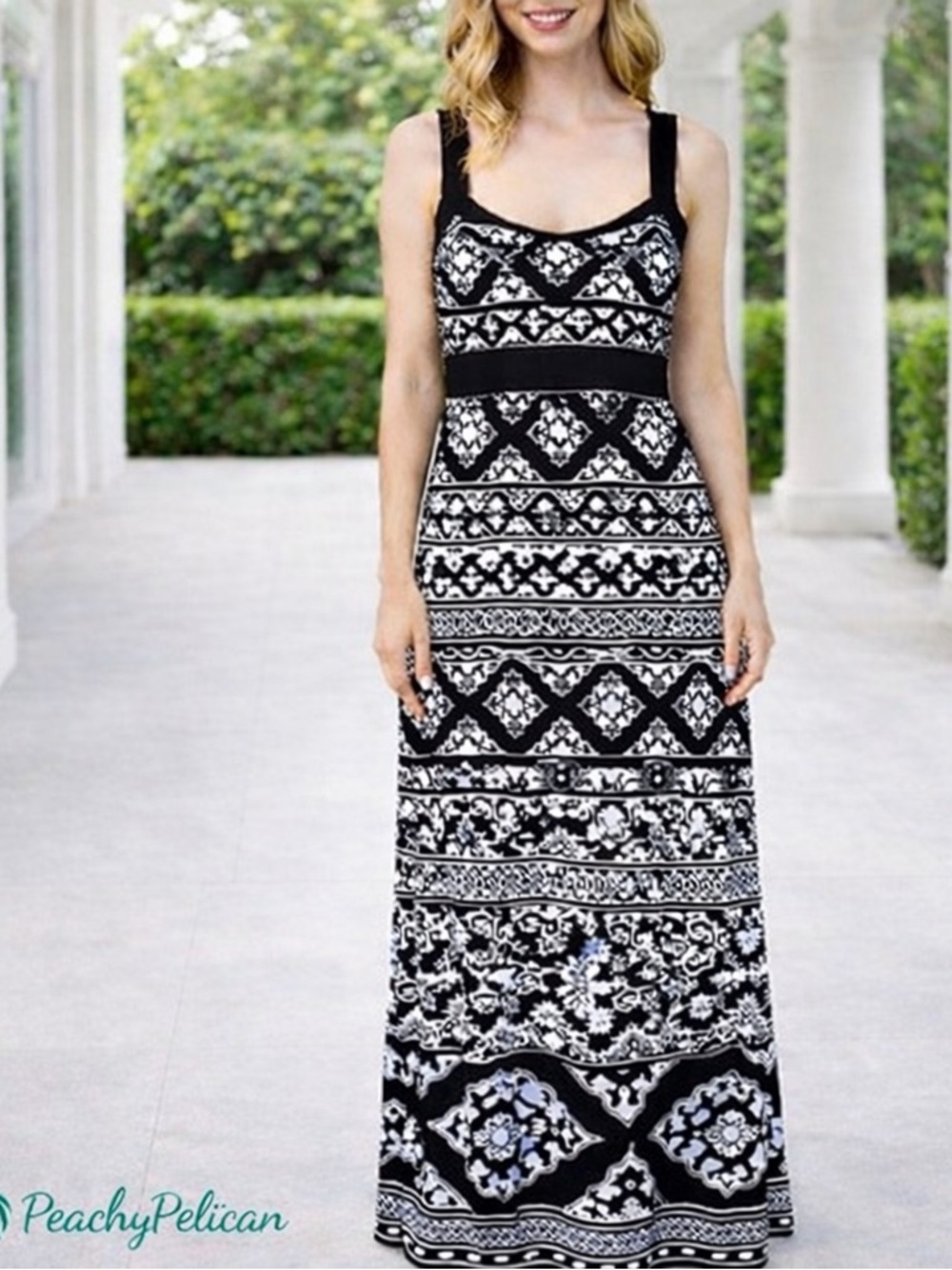 White House Black Market Black & White Damask Printed Sleeveless Maxi Dress S